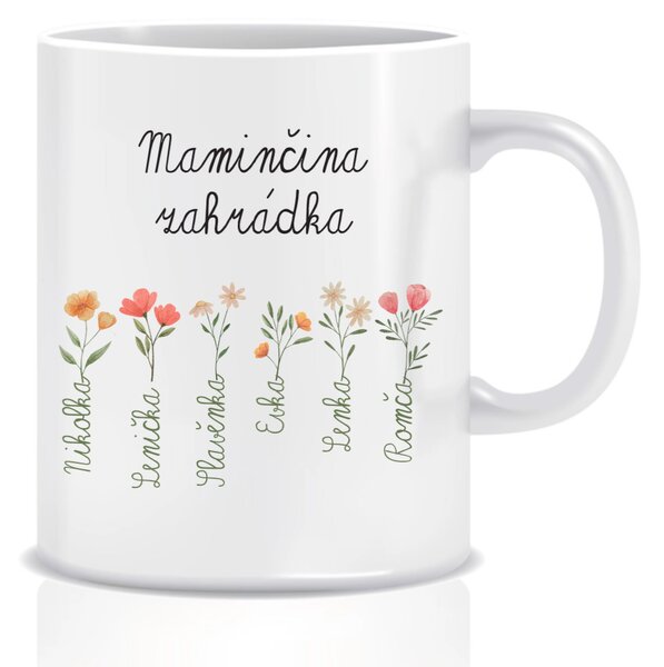 Personalizovaný klasický bílý keramický hrníček 300 ml - maminčina zahrádka