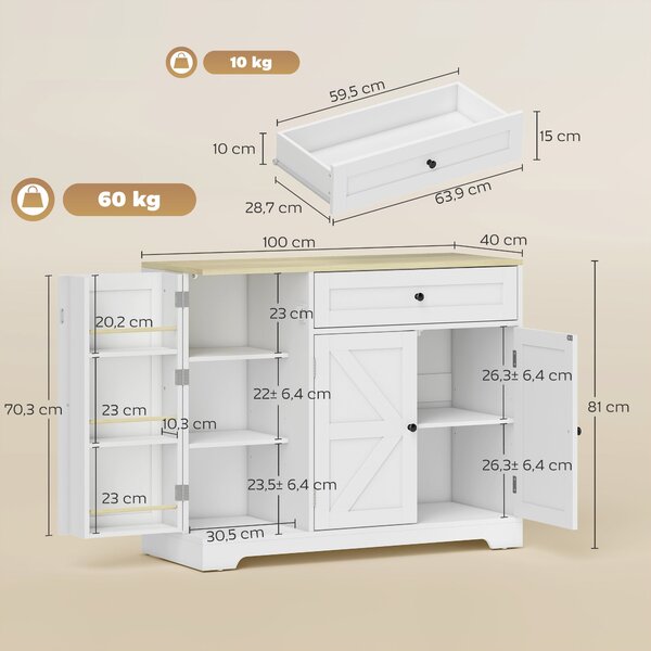 HOMCOM komoda do kuchyně s šuplíkem, 3 dveřmi a nastavitelnými policemi, venkovský styl, 100 × 40 × 81 cm, bílá | Aosom
