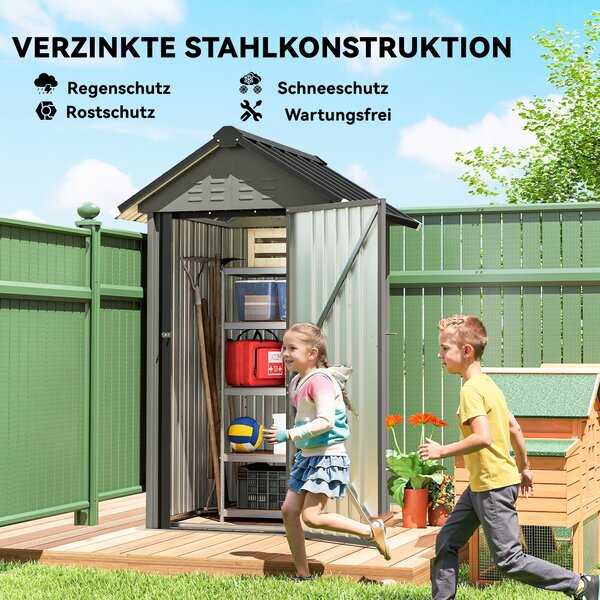 Outsunny pozinkovaný kovový zahradní domek, 1,17 m² (12,6 ft²) – větraný, uzamykatelný, se sedlovou střechou, včetně rukavic, světle šedý | Aosom