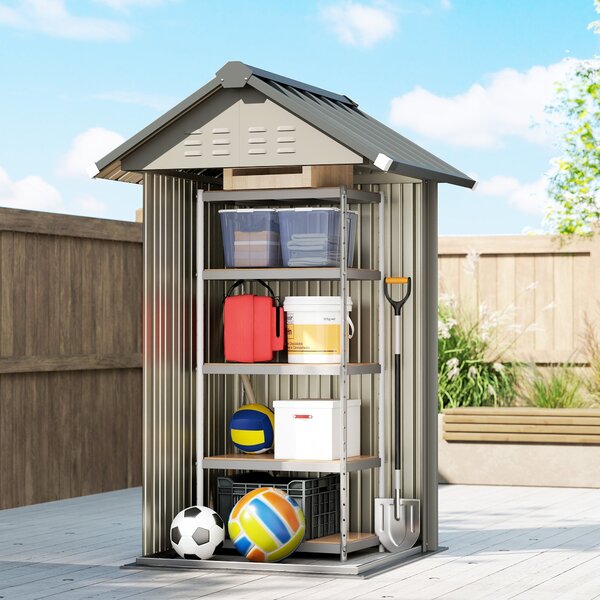 Outsunny pozinkovaný kovový zahradní domek, 1,17 m² (12,6 ft²) – větraný, uzamykatelný, se sedlovou střechou, včetně rukavic, světle šedý | Aosom