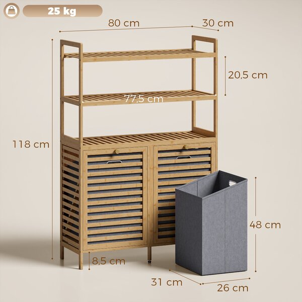 HOMCOM bambusová koupelnová skříňka s koši na prádlo – 3patrové úložiště, 80 × 30 × 118 cm, dub | Aosom