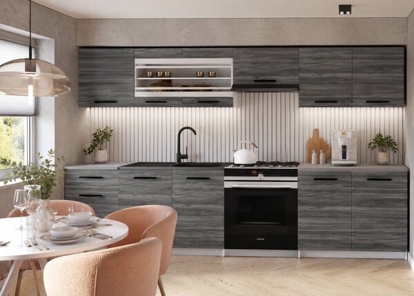 Kuchyňská linka Belini 260 cm šedý antracit Glamour Wood s pracovní deskou Justyna