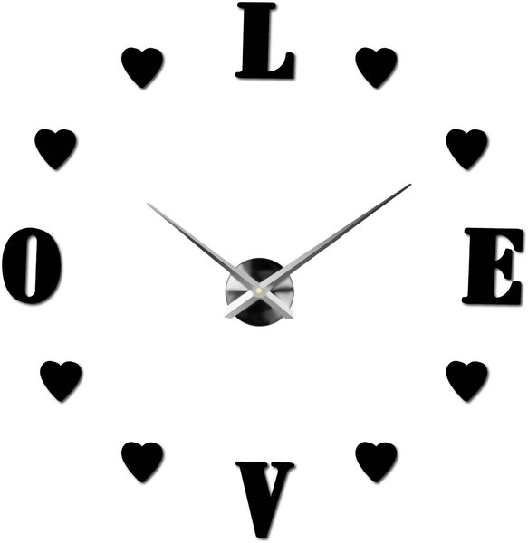 Velké nalepovací hodiny na zeď - LOVE: Černá Ral 9005 Černá barva RAL 9005 80 cm 3344-18713 12S011-Wanduhr HEU-