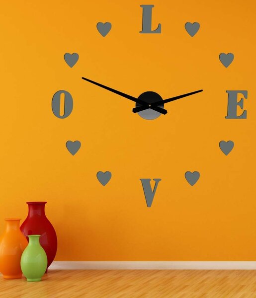 Velké nalepovací hodiny na zeď - LOVE: Černá Ral 9005 Černá barva RAL 9005 80 cm 3344-18713 12S011-Wanduhr HEU-