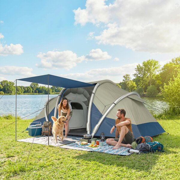 Outsunny nafukovací stan pro 4 osoby — rychlé postavení s pumpou, 2 ložnice, síťovaná okna, reflexní kolíky, přední přístřešek, voděodolná Oxford tkan