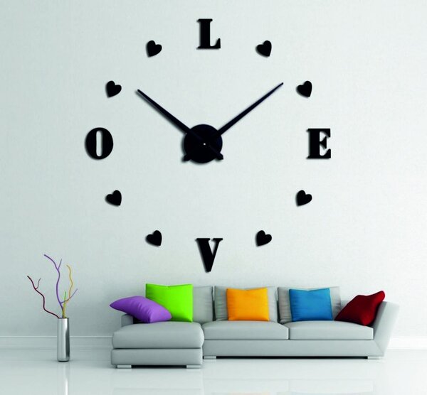 Velké nalepovací hodiny na zeď - LOVE: Černá Ral 9005 Černá barva RAL 9005 80 cm 3344-18713 12S011-Wanduhr HEU-