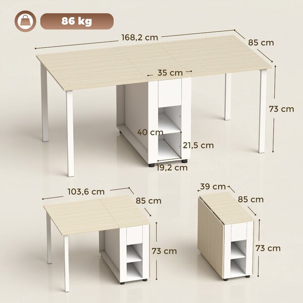 HOMCOM rozkládací jídelní stůl pro 6 osob s výsuvnými deskami, zásuvkami a otevřenými policemi, 168,2 x 85 x 73 cm, bílý | Aosom