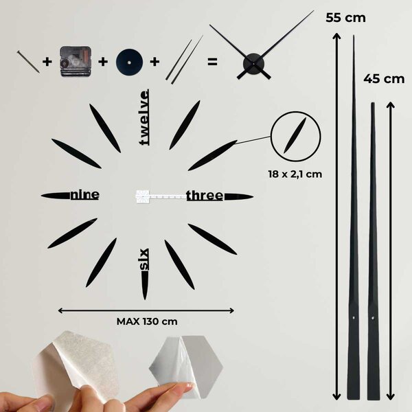 Stylové barevné nástěnné hodiny | SEVEN: Zrcadlo SILVER Černá barva RAL 9005 80 cm 3392-104203 12S012