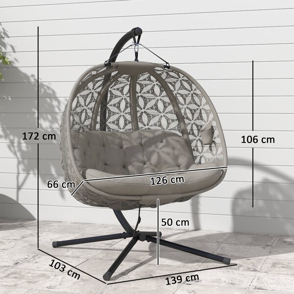 Outsunny skládací XXL závěsné křeslo „vejce“ se stojanem — pro 2 osoby, polštář, držáky na nápoje, bezpečnostní popruh — písková | Aosom