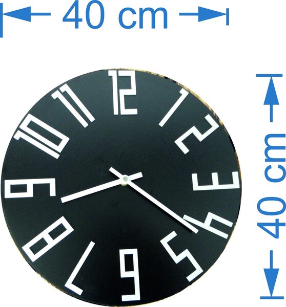 Moderní černé dřevěné nástěnné hodiny s bílými čísly - HRNO: Černé ručičky HDF - černá 30 cm 3414-21336 HDFK008- balk white HEU+