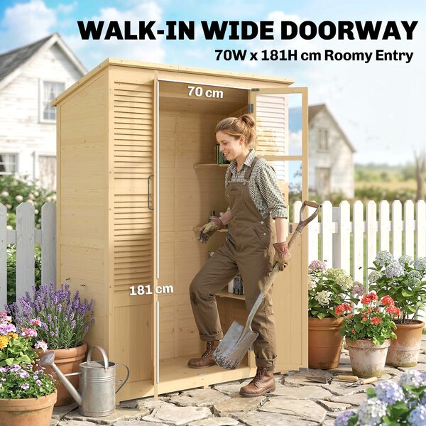 Outsunny choditelný zahradní domek z jedlového dřeva se šikmou asfaltovou střechou, 4 okny, 6 policemi, větráním a protizvrtným kitem — 147 x 68 x 198