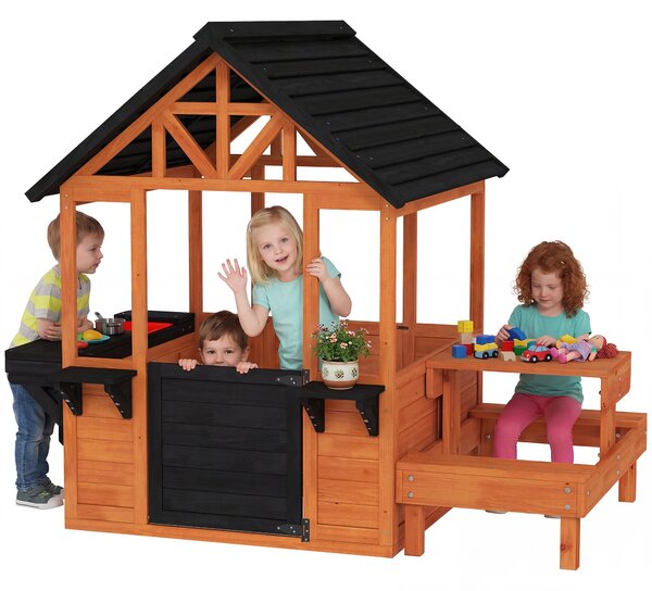 AIYAPLAY dřevěný zahradní domeček pro děti — stůl, lavičky, dřez, dveře, okno a truhlíky, hnědý, 166,3 × 112,5 × 139,7 cm | Aosom