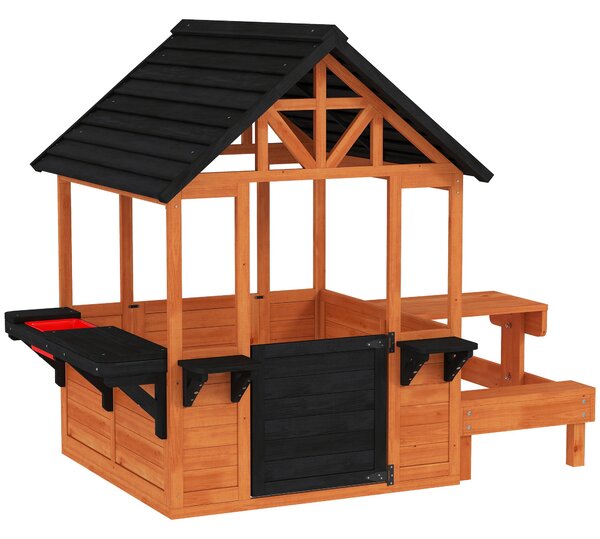 AIYAPLAY dřevěný zahradní domeček pro děti — stůl, lavičky, dřez, dveře, okno a truhlíky, hnědý, 166,3 × 112,5 × 139,7 cm | Aosom