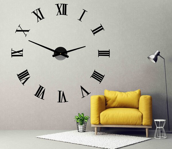Nalepovací hodiny na zeď římské číslice - ROOLIND: Černá Ral 9005 Černé ručičky 80 cm 3481-22957 X0083-LEN PLEXISKLO HEU-