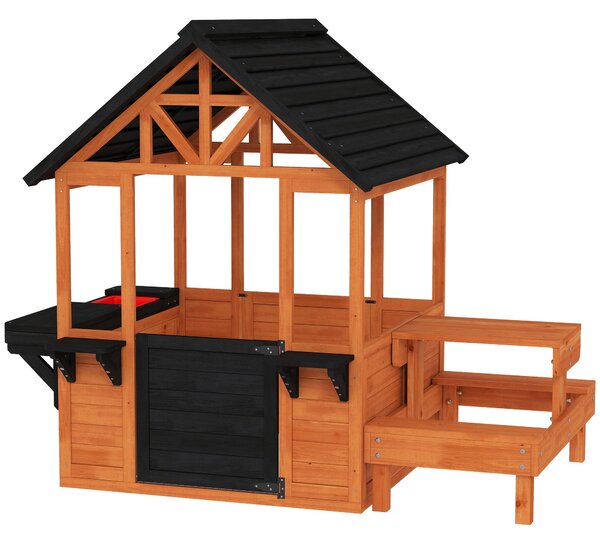 AIYAPLAY dřevěný zahradní domeček pro děti — stůl, lavičky, dřez, dveře, okno a truhlíky, hnědý, 166,3 × 112,5 × 139,7 cm | Aosom