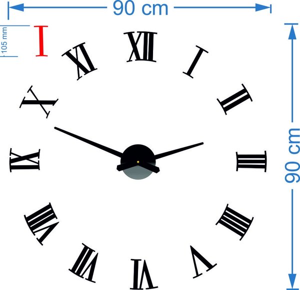 Nalepovací hodiny na zeď římské číslice - ROOLIND: Černá Ral 9005 Černé ručičky 80 cm 3481-22957 X0083-LEN PLEXISKLO HEU-