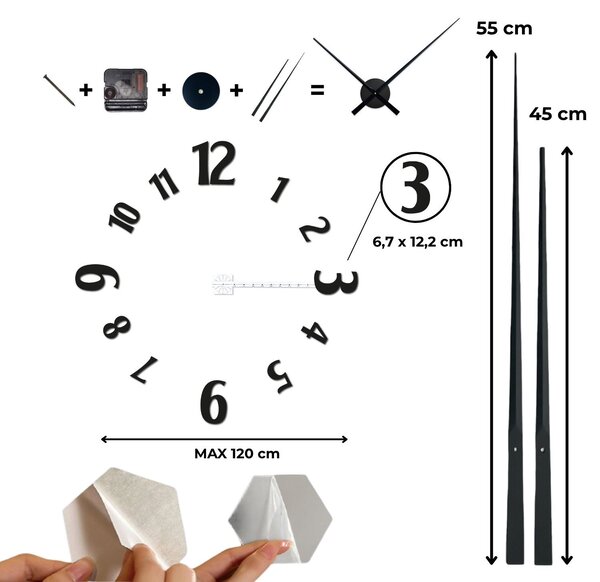 Stylové hodiny na zeď nalepovací | CHRLIE: Černá Ral 9005 Barva stříbrná 80 cm 3557-107243 12S035 12S024