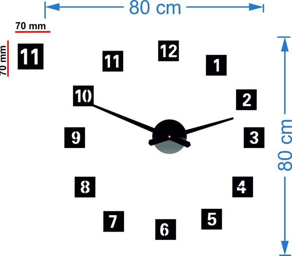 Čtvercové nástěnné hodiny - QVARDO: Černá Ral 9005 Černé ručičky 80 cm 3607-27808 12P019-PLEXI HEU-