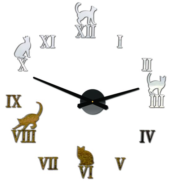 Nalepovací hodiny na zeď kočky - DIY CAFORD: Černá Ral 9005 Černé ručičky 80 cm 3707-33361 12P020 2D CLOCK HEU-