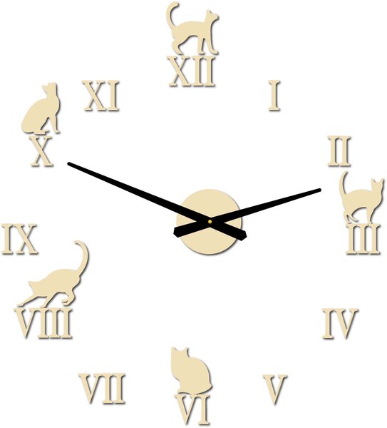Nalepovací hodiny na zeď kočky - DIY CAFORD: Černá Ral 9005 Černé ručičky 80 cm 3707-33361 12P020 2D CLOCK HEU-
