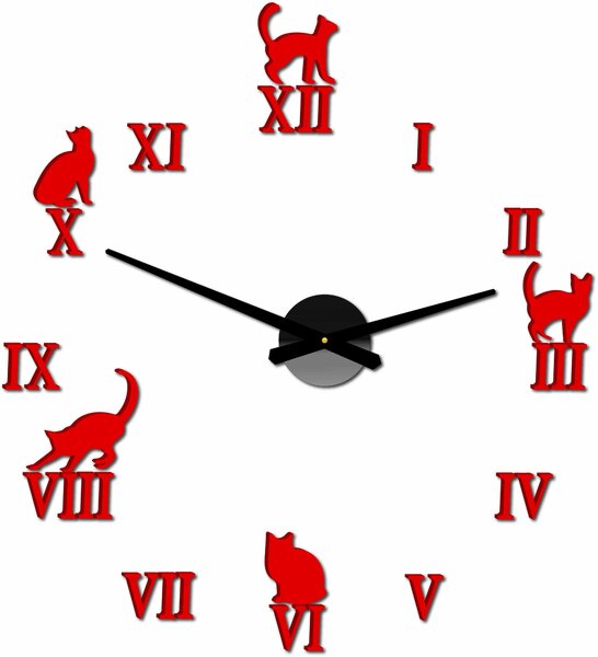 Nalepovací hodiny na zeď kočky - DIY CAFORD: Černá Ral 9005 Černé ručičky 80 cm 3707-33361 12P020 2D CLOCK HEU-
