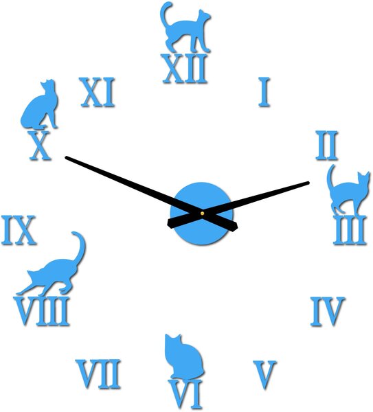 Nalepovací hodiny na zeď kočky - DIY CAFORD: Černá Ral 9005 Černé ručičky 80 cm 3707-33361 12P020 2D CLOCK HEU-