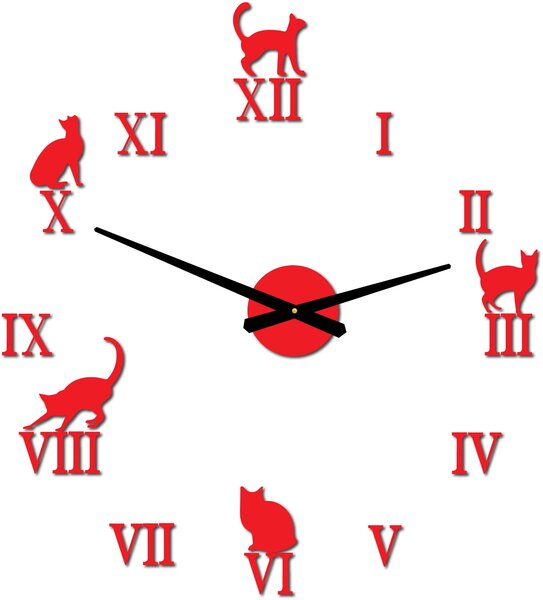 Nalepovací hodiny na zeď kočky - DIY CAFORD: Černá Ral 9005 Černé ručičky 80 cm 3707-33361 12P020 2D CLOCK HEU-