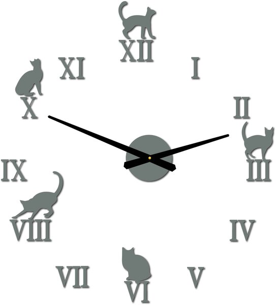 Nalepovací hodiny na zeď kočky - DIY CAFORD: Černá Ral 9005 Černé ručičky 80 cm 3707-33361 12P020 2D CLOCK HEU-