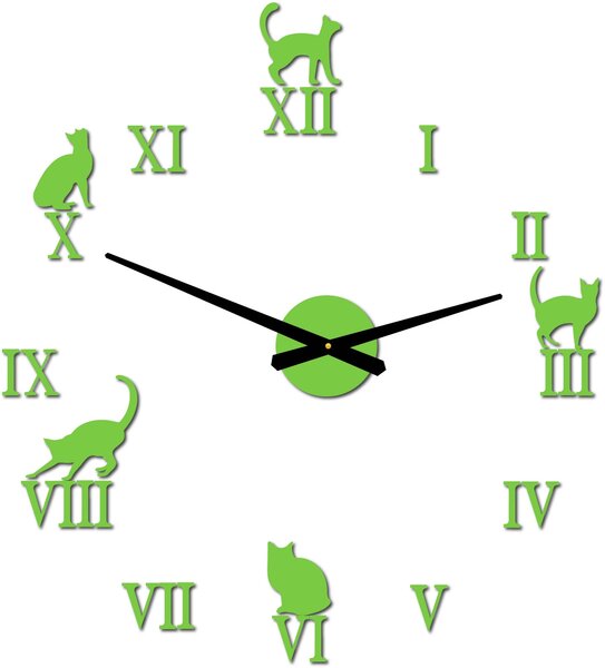 Nalepovací hodiny na zeď kočky - DIY CAFORD: Černá Ral 9005 Černé ručičky 80 cm 3707-33361 12P020 2D CLOCK HEU-
