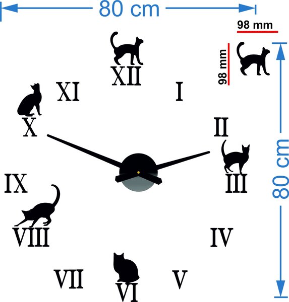 Nalepovací hodiny na zeď kočky - DIY CAFORD: Černá Ral 9005 Černé ručičky 80 cm 3707-33361 12P020 2D CLOCK HEU-