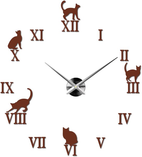 Nalepovací hodiny na zeď kočky - DIY CAFORD: Černá Ral 9005 Černé ručičky 80 cm 3707-33361 12P020 2D CLOCK HEU-