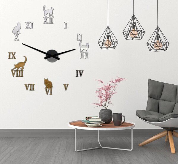 Nalepovací hodiny na zeď kočky - DIY CAFORD: Černá Ral 9005 Černé ručičky 80 cm 3707-33361 12P020 2D CLOCK HEU-