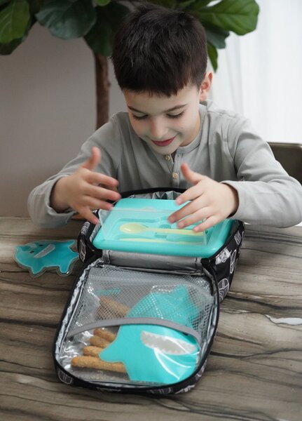 Dětský dvoupatrový box na svačinu, 1,46L, Melii, modro/zelený