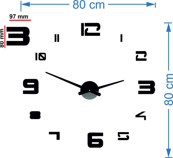 Velké nástěnné hodiny - STRONGO: Černá Ral 9005 Černé ručičky 80 cm 3708-33565 12P021 PLEXI 2D HEU+