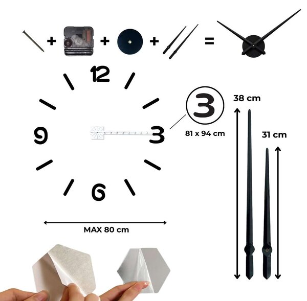 Nástěnné hodiny zrcadlové velké | 3D DIY: Zrcadlo SILVER Černá barva RAL 9005 80 cm 3710-108474 12SZ026