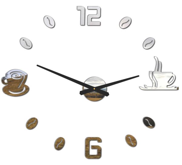 Hodiny na zeď nalepovací káva | COFFE: Šedá kovová Ral 7005 Stříbrné ručičky 3734-96012 12P023