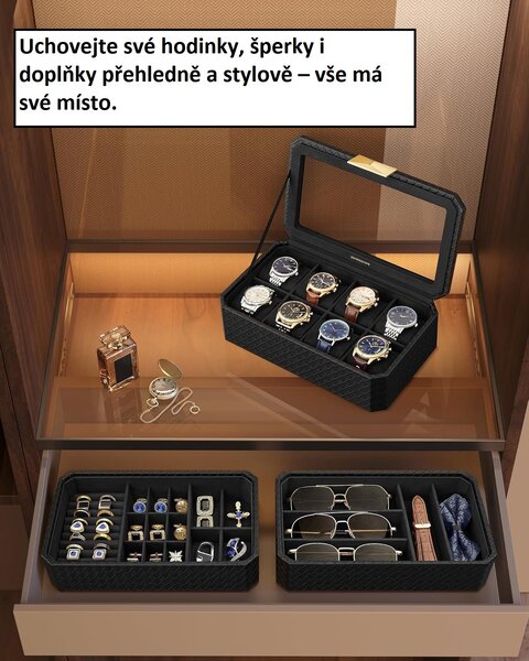 Organizér na hodinky a šperky se třemi přihrádkami, černý JWB021B01