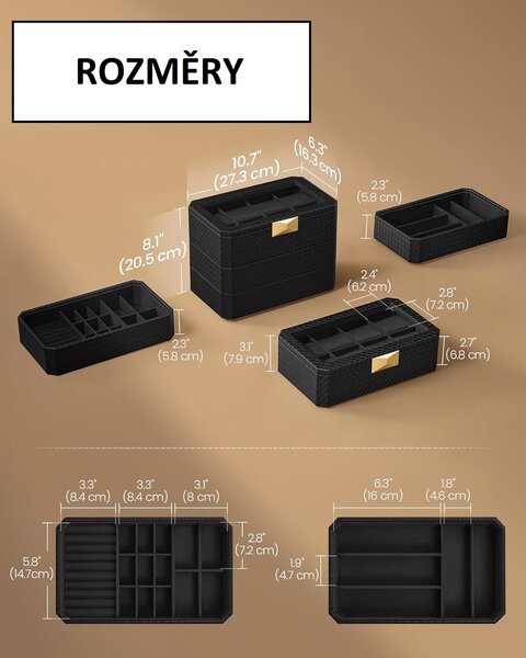 Organizér na hodinky a šperky se třemi přihrádkami, černý JWB021B01