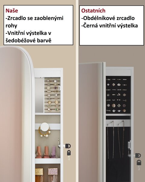 Závěsná šperkovnice se zrcadlem oválná, bílá JJC026W01