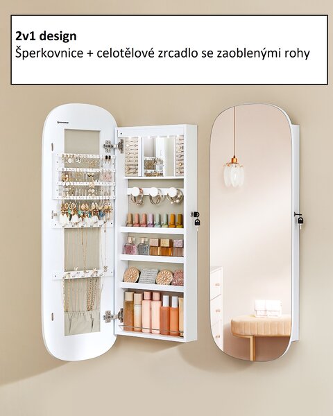 Závěsná šperkovnice se zrcadlem oválná, bílá JJC026W01