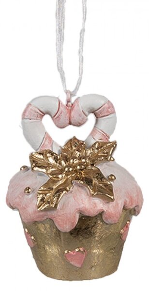 Růžová vánoční ozdoba zlatý dortík Cupcake s růžovou polevou – 5x6 cm