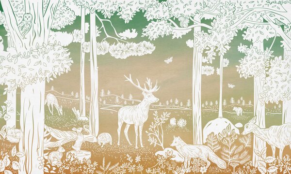 Dětská tapeta les - Monochrome Forest - Green sky | Fugu Materiál: Digitální eko vlies - klasická tapeta nesamolepicí