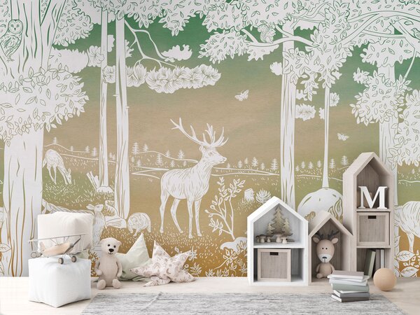 Dětská tapeta les - Monochrome Forest - Green sky | Fugu Materiál: Digitální eko vlies - klasická tapeta nesamolepicí