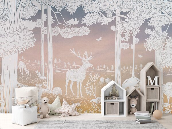 Dětská tapeta les - Monochrome Forest - Pink sky | Fugu Materiál: Digitální eko vlies - klasická tapeta nesamolepicí