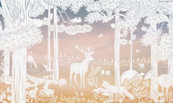 Dětská tapeta les - Monochrome Forest - Pink sky | Fugu Materiál: Digitální eko vlies - klasická tapeta nesamolepicí