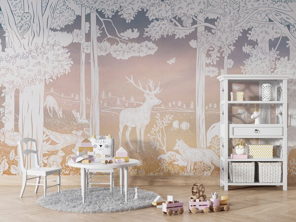 Dětská tapeta les - Monochrome Forest - Pink sky | Fugu Materiál: Digitální eko vlies - klasická tapeta nesamolepicí