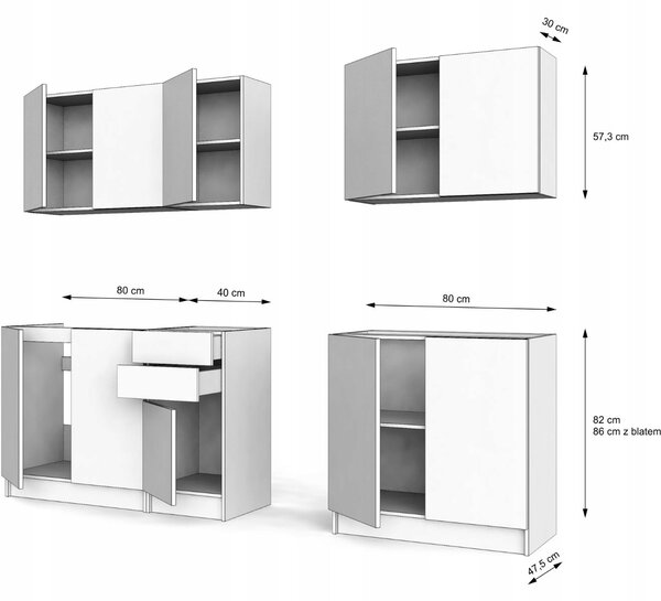 Kuchyňský nábytek sestava s pracovní deskou Bílá Kuchyně Akryl Lesk s vitrínou 200 CM