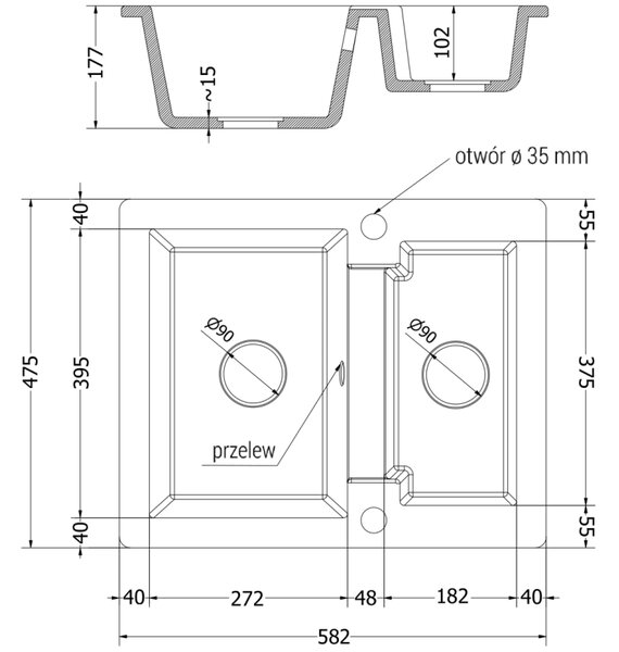 Mexen Carlos, granitový dřez 582x475x177 mm, 1,5-komorový, šedá s černým sifonem, 6518581500-71-B