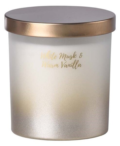 Emocio sklo 80x90 mm s plechovým víčkem vonná svíčka, v dárkové krabičce White Musk & Warm Vanilla