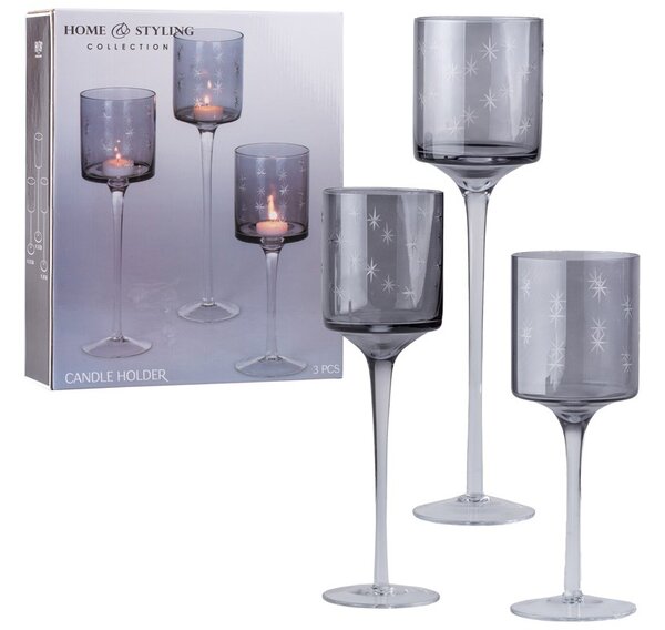 Skleněný svícen na nožičce sada 3ks 90x250/90x300/90x350mm, kouřavá
